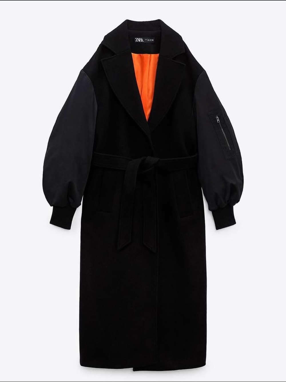 Zara Black Long Belted trench Coat with Orange Lining bomber style sleeves